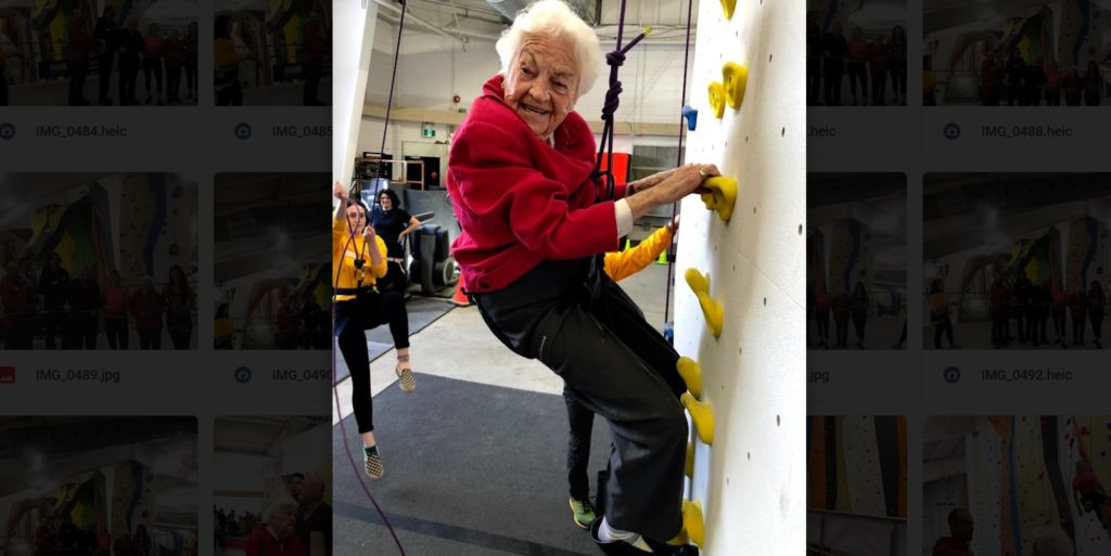 Here’s the next picture in the series of Hazel McCallion rock climbing in our Mississauga gym